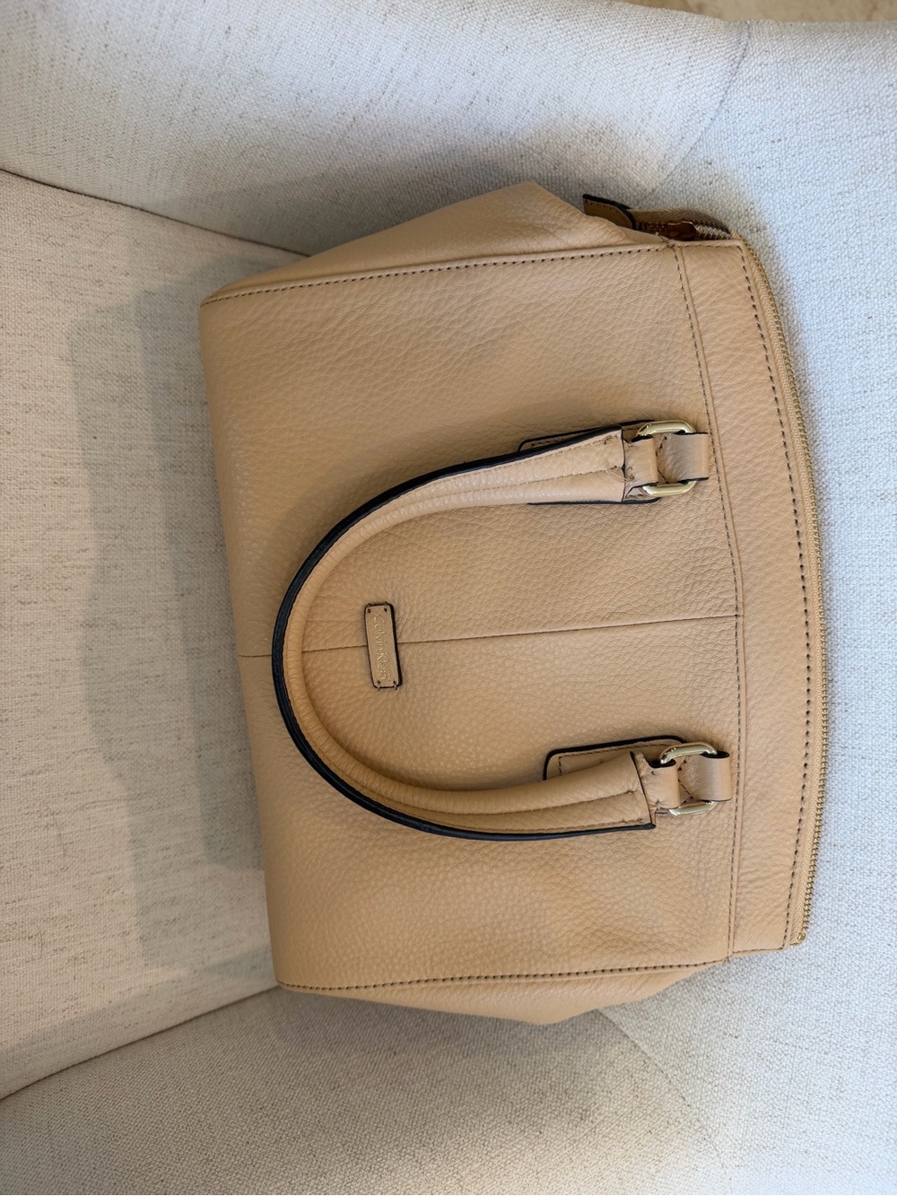Calvin Klein Statement Series Tan Pebble Leather Satchel with Gold Lock - Picture 3 of 5